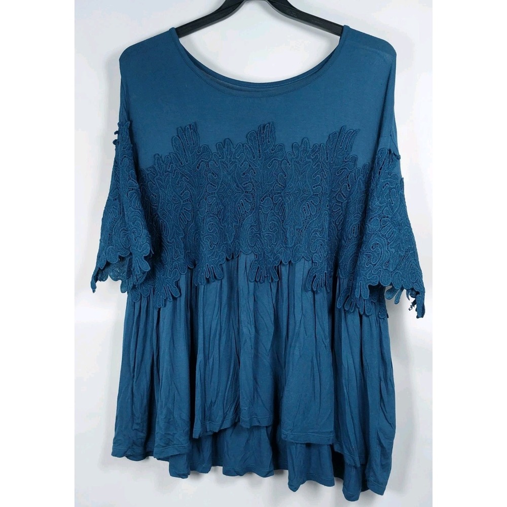 Roamans Lace Tunic Top Plus Size 14/16 Navy Lace Stretch Knit 3/4 Sleeve